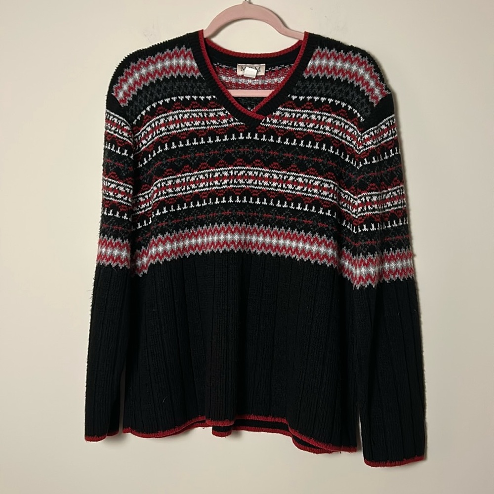 Vintage MKM Red and Black Colorwork V Neck‎ Sweater - Made in USA - Large
